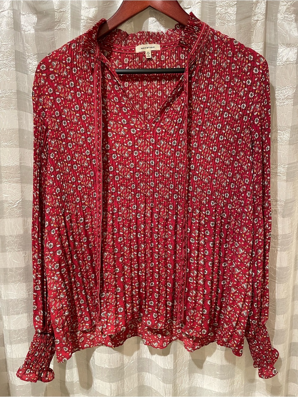 Max Studio Red Floral Long-Sleeve Peasant Blouse